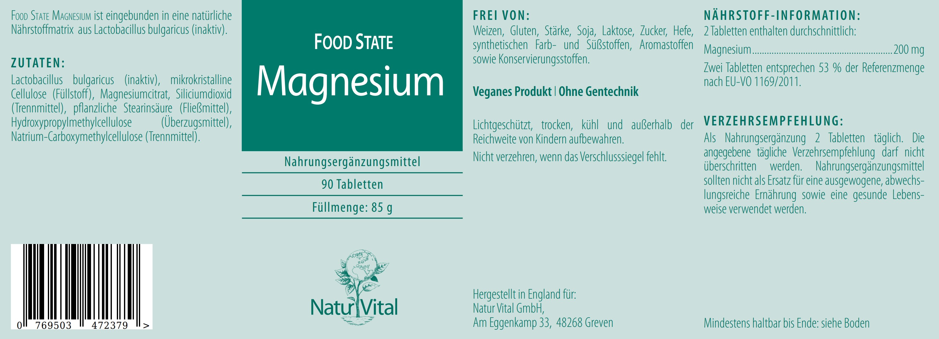 Etikett Magnesium Natur Vital 90 Tabletten Etikett Magnesium von Natur Vital beinhaltet 90 Tabletten