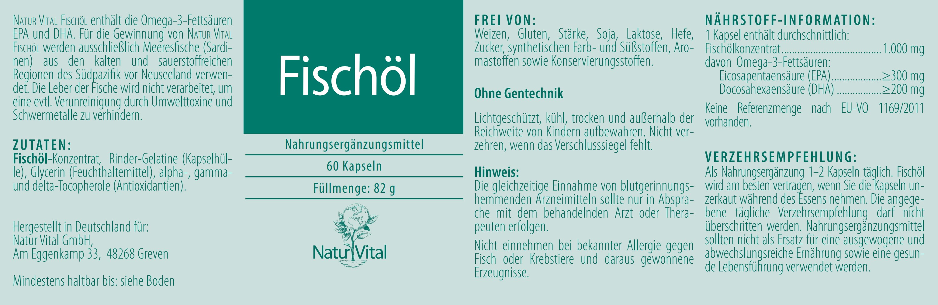 Natur Vital Fischöl mit 1000 mg EPA + DHA pro Tag, 60 Kapseln  EAN: 4262512990231