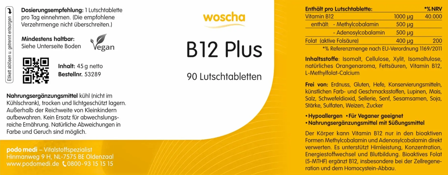 Woscha B12 Plus von podo medi beinhaltet 90 Tabletten Etikett