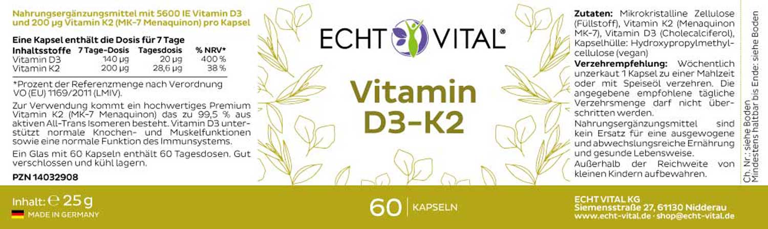 Etikett Vitamin D3-K2 von Echt Vital beinhaltet 60 Kapseln