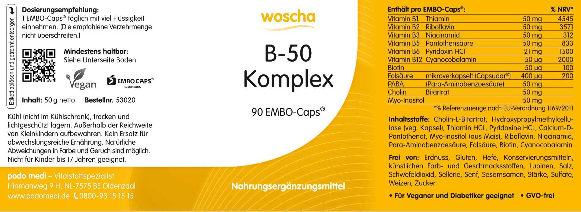 Woscha B-50 Komplex von podo medi beinhaltet 90 Kapseln Etikett 