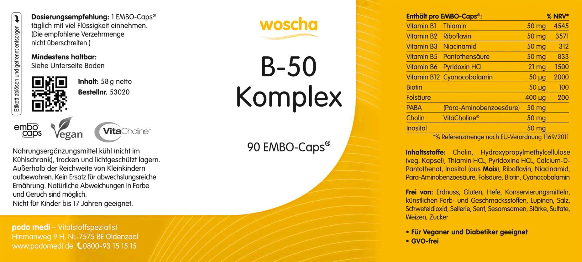 Woscha B-50 Komplex podo medi 90 Kapseln Etikett Woscha B-50 Komplex von podo medi beinhaltet 90 Kapseln Etikett