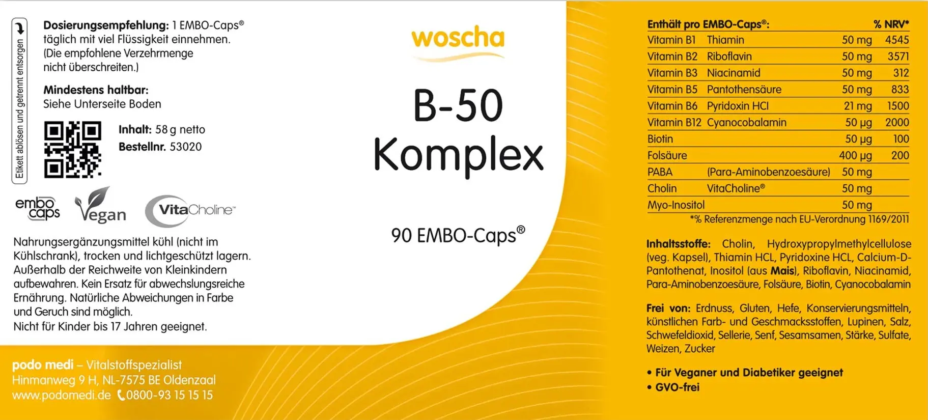 Woscha B-50 Komplex von podo medi beinhaltet 90 Kapseln Etikett