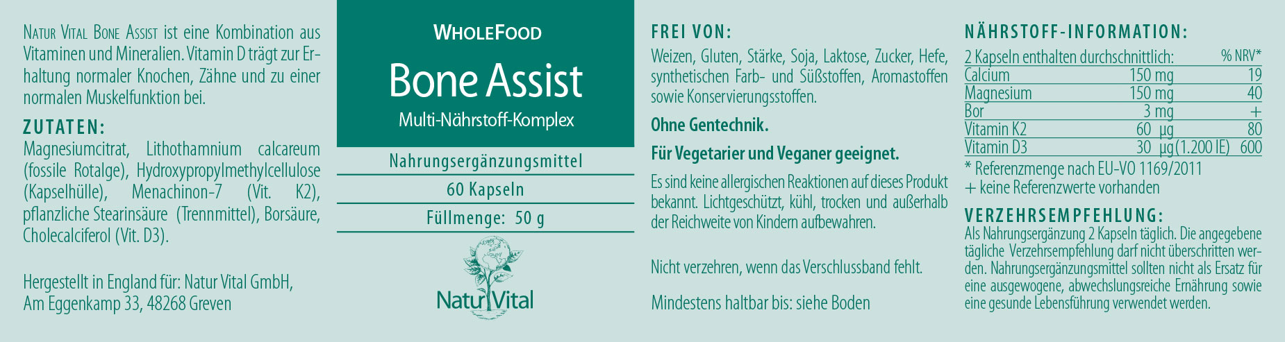 Etikett Bone Assist von Natur Vital beinhaltet 60 Kapseln