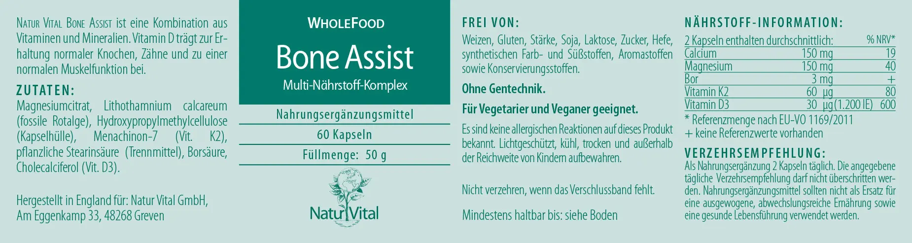 Etikett Bone Assist von Natur Vital beinhaltet 60 Kapseln