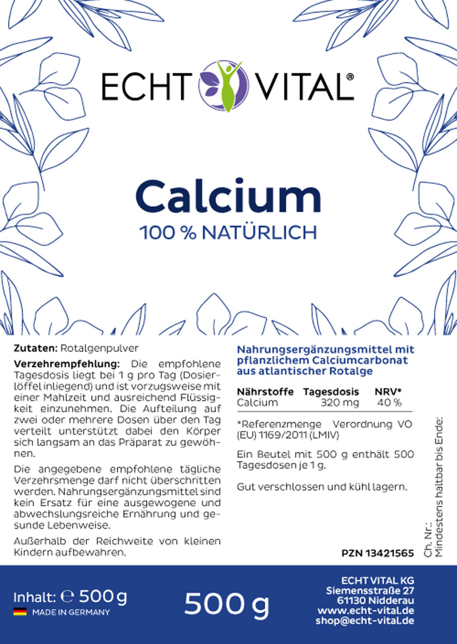 Etikett Echt Vital Calcium Pulver aus Seegras in 500 Gramm Version