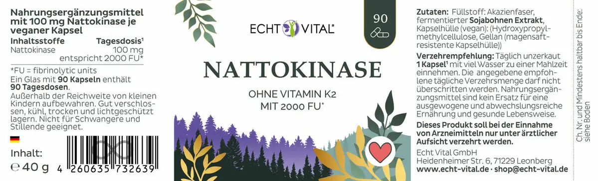 Echt Vital Nattokinase Kapseln 2.000 FU, 90 Kapseln  EAN: 4260635732639