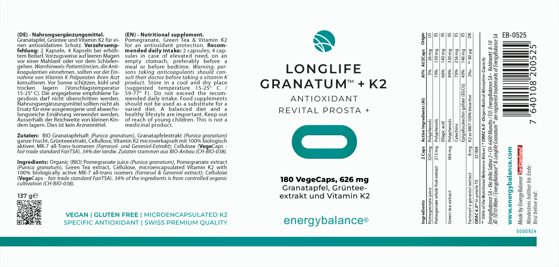 EnergyBalance Longlife Granatum + Vitamin K2, 180 VegeCaps Krebs EAN: 7640108200525