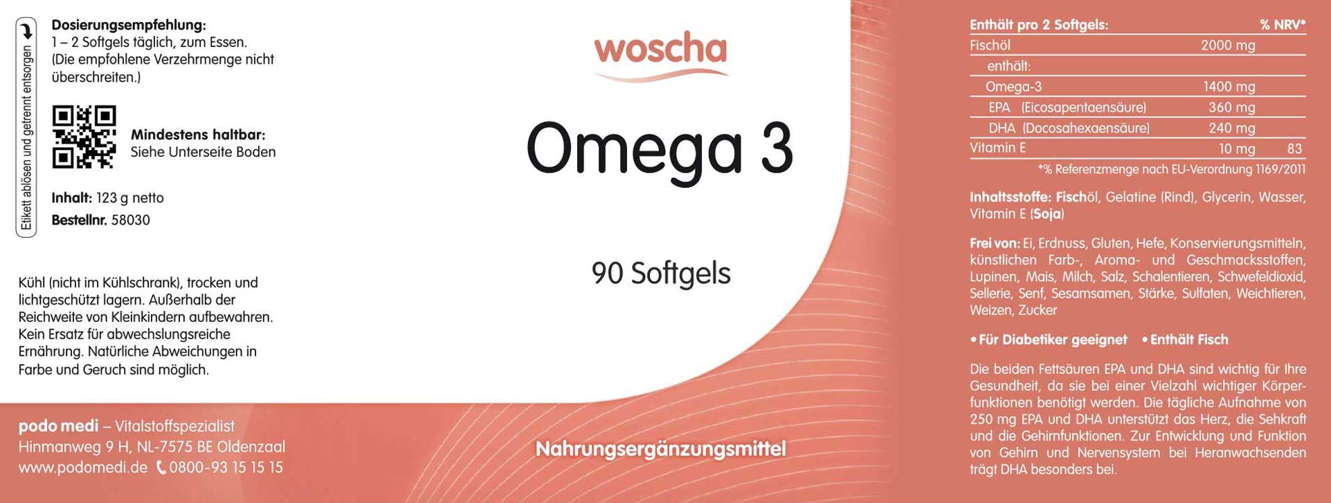 Woscha Omega 3 von podo medi beinahltet 90 Softgels Etikett