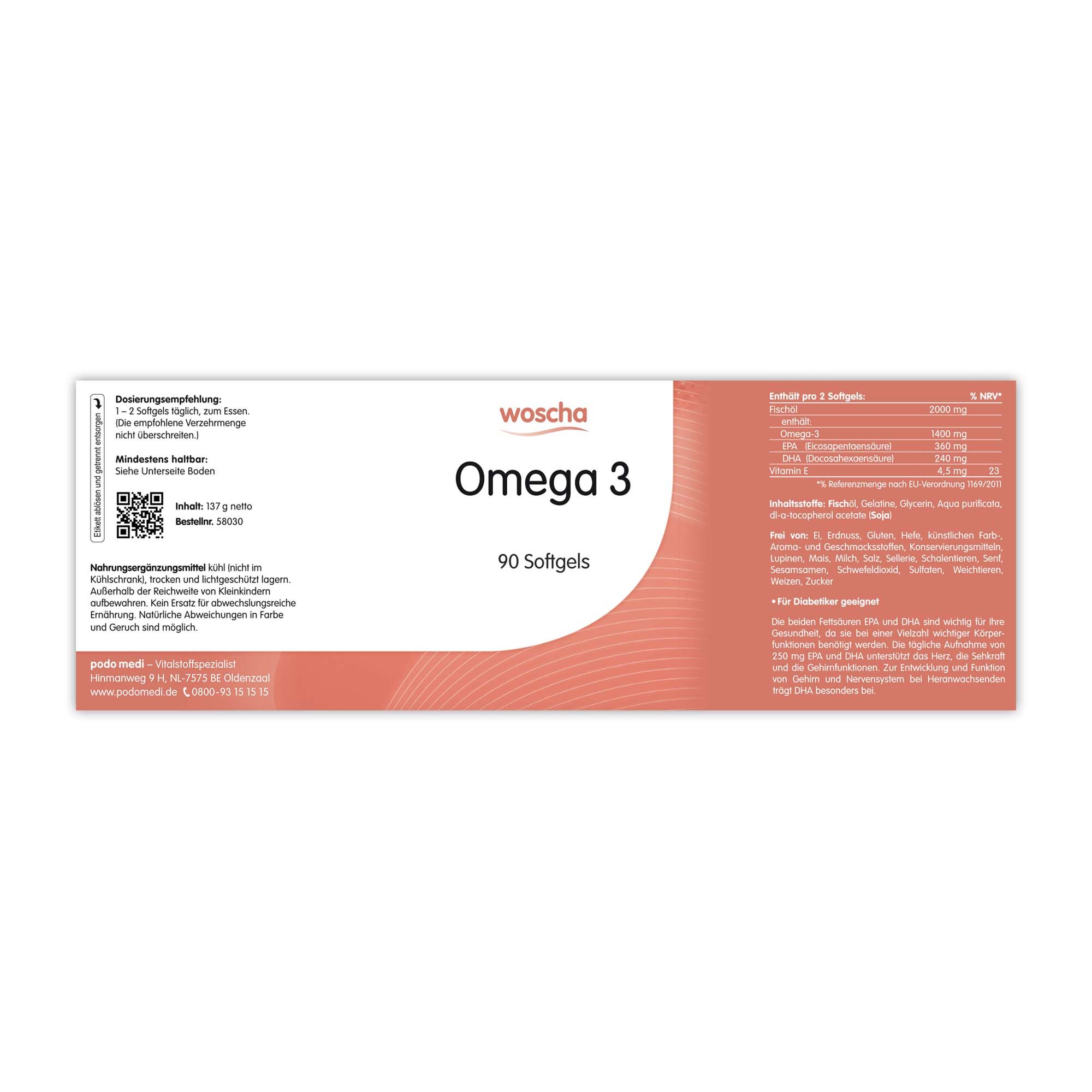 Woscha Omega 3 von podo medi beinahltet 90 Softgels Etikett