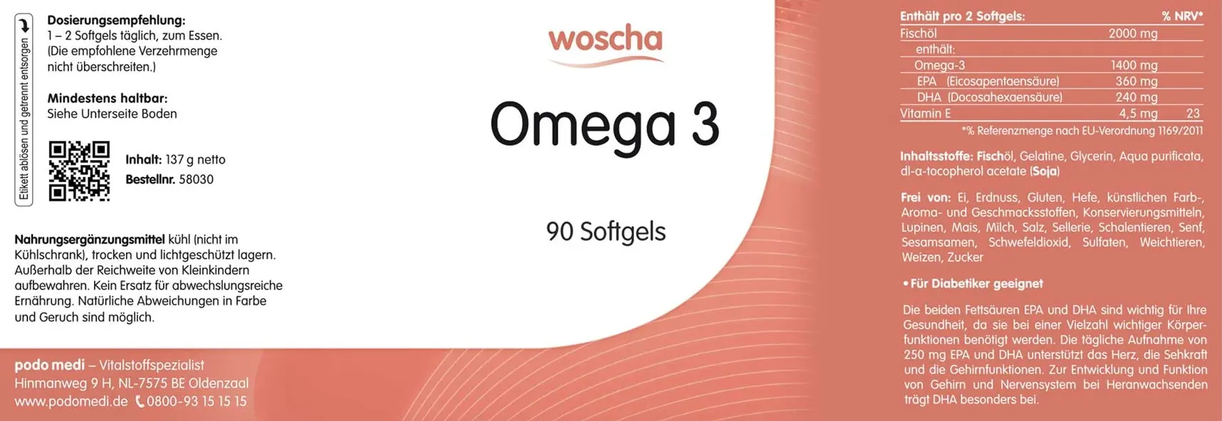 Woscha Omega 3 von podo medi beinahltet 90 Softgels Etikett