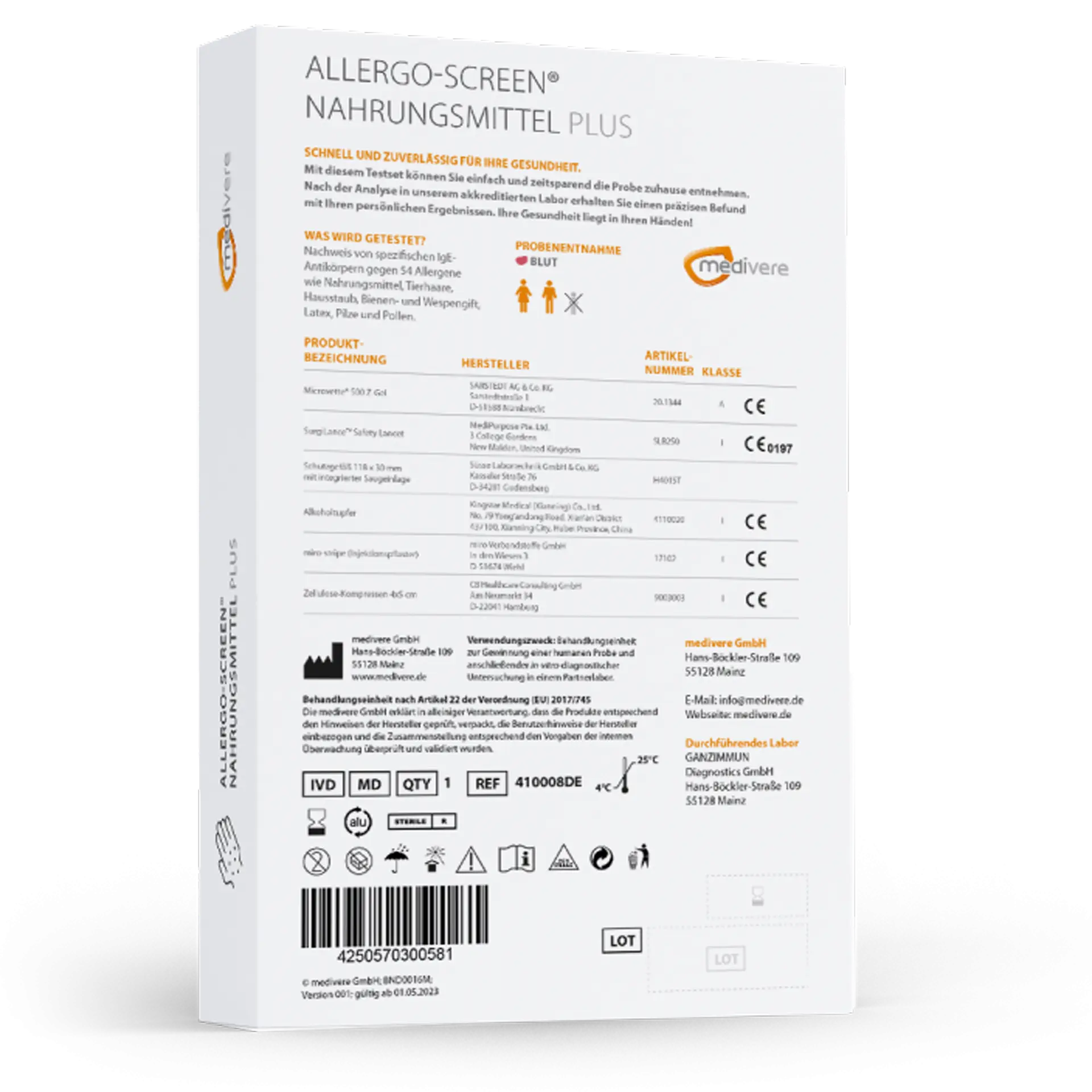 Medivere Allergo-Screen® Nahrungsmittel plus Medivere Nahrungsmittelallergene Nahrungsmittelallergie EAN: 4250570300581