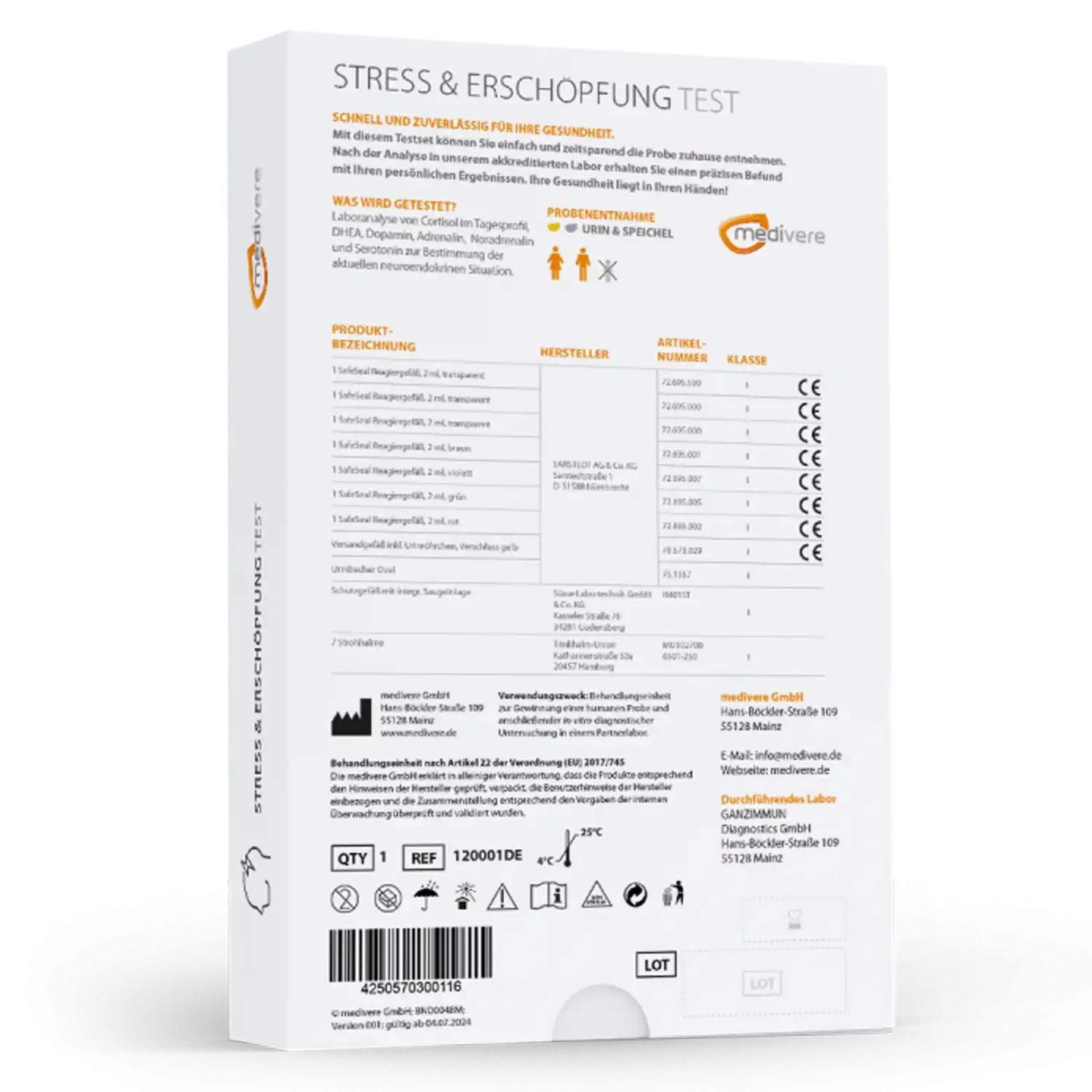 Medivere Stress & Erschöpfung Test Medivere Laboranalyse Cortisol 110001DE Stresshormon EAN: 4250570300116