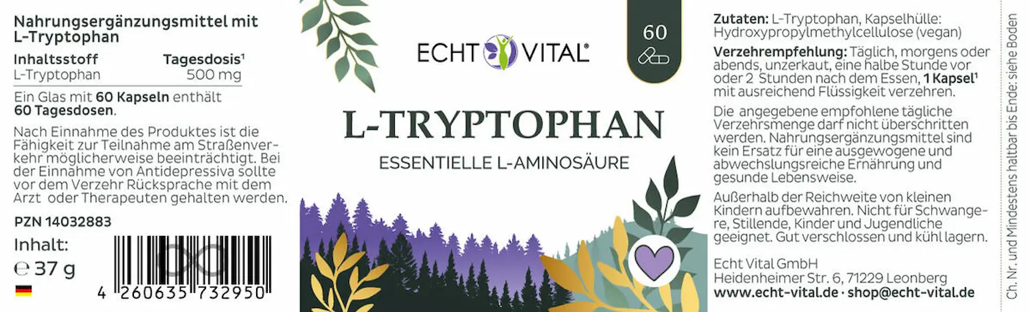 Echt Vital L-Tryptophan, 60 Kapseln L-Tyrosin Aminosäuren Tyrosin Aminos EAN: 4260635732950