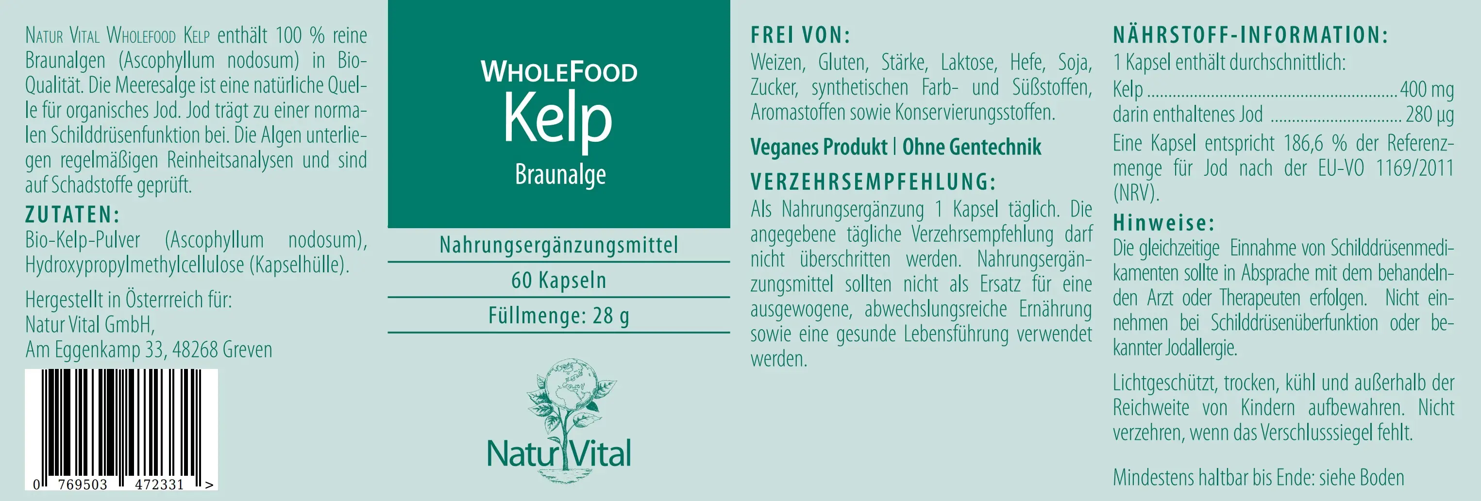 Kelp natürliches Jod von Natur Vital beinhaltet 60 Kapseln Label