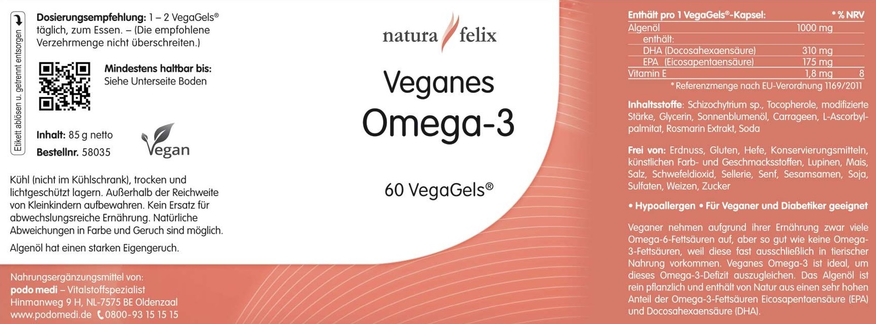 naturfelix Veganes Omega-3 von podo medi beinhaltet 120 Kapseln Etikett