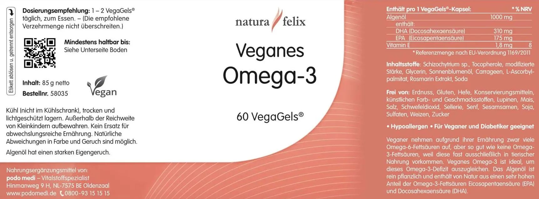 Natura Felix Vegan Omega-3 Algae Oil 970 mg EPA and DHA, 60 VegaGels Algae oil Omega-3 Vegan Omega-3 EAN: 8717729199527