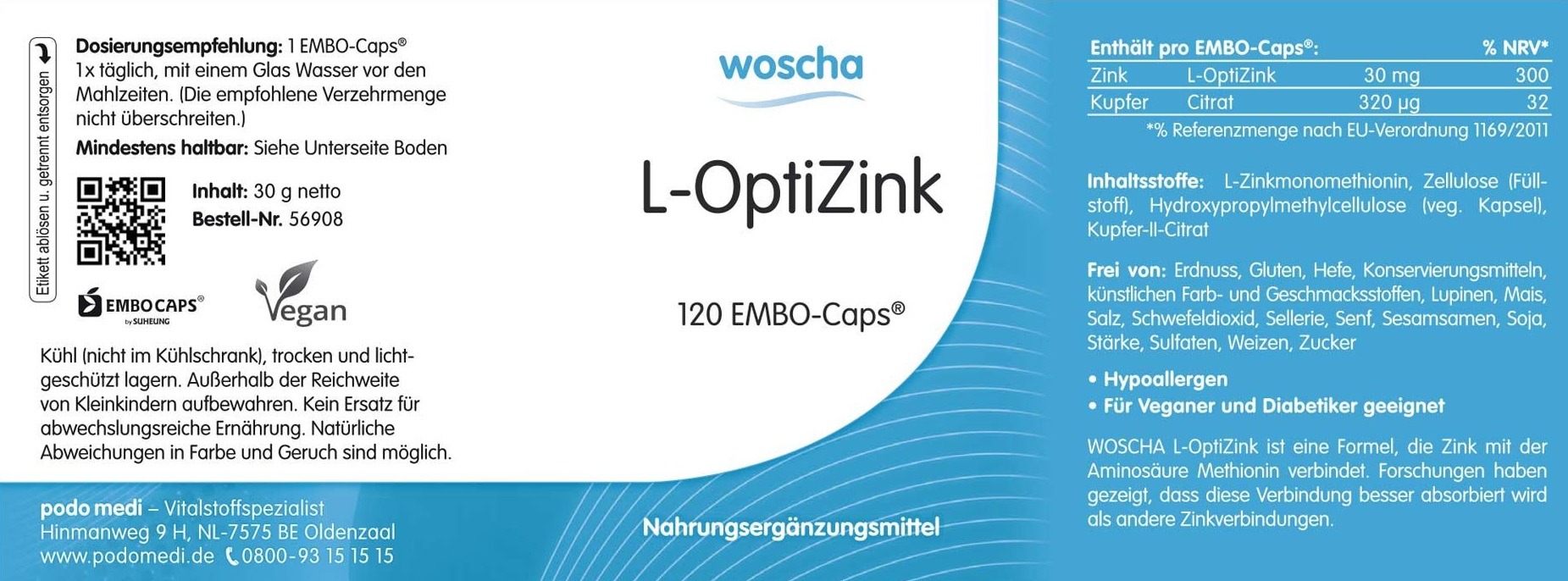 Woscha L-OptiZink mit 30 Milligramm von podo medi beinhaltet 120 Kapseln Etikett