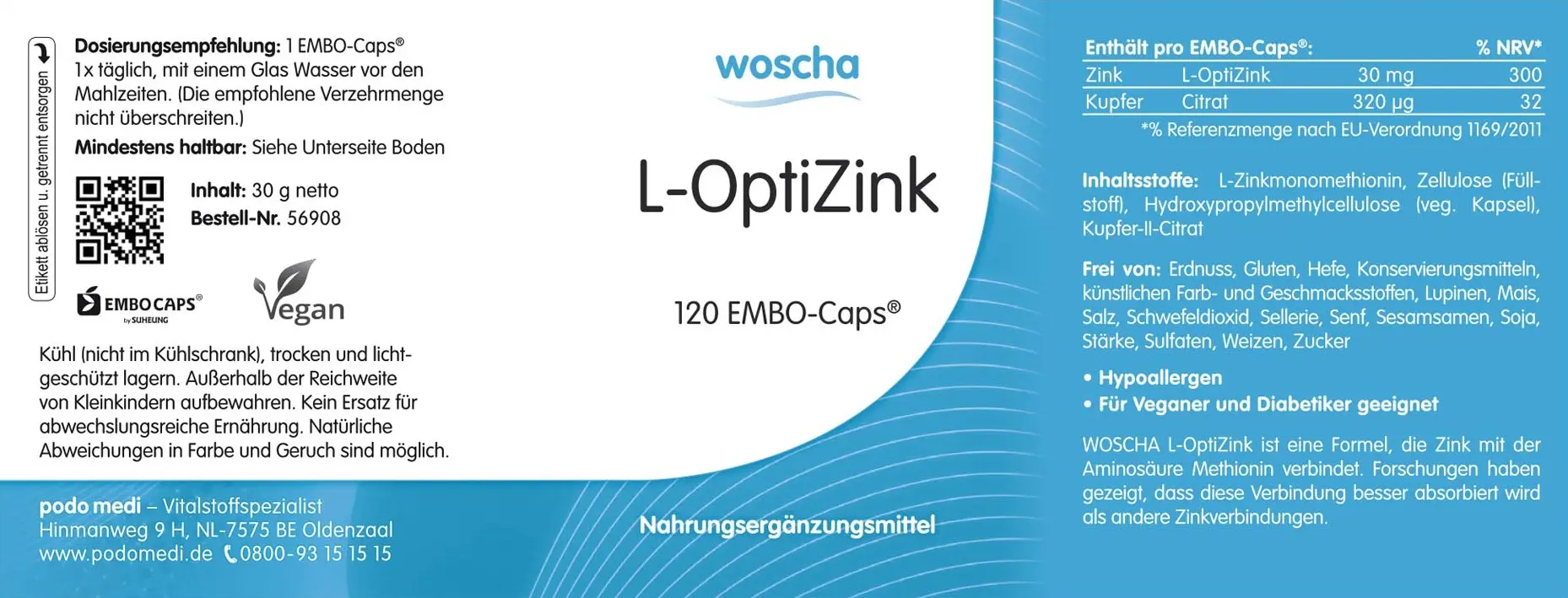 Woscha L-OptiZink mit 30 Milligramm von podo medi beinhaltet 120 Kapseln Etikett