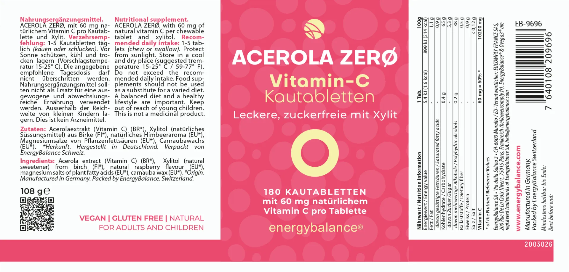 Acerola Zerø natürliches Vitamin C 60 mg, 180 Kautabs