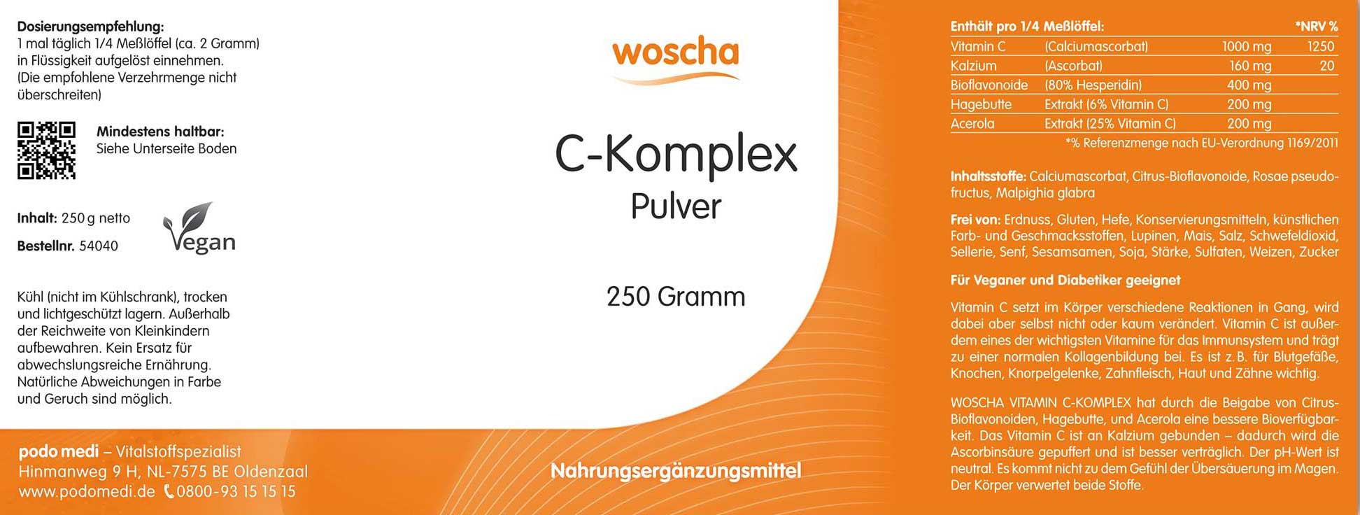 Woscha C-Komplex Pulver von podo medi beinhaltet 250 Gramm Etikett