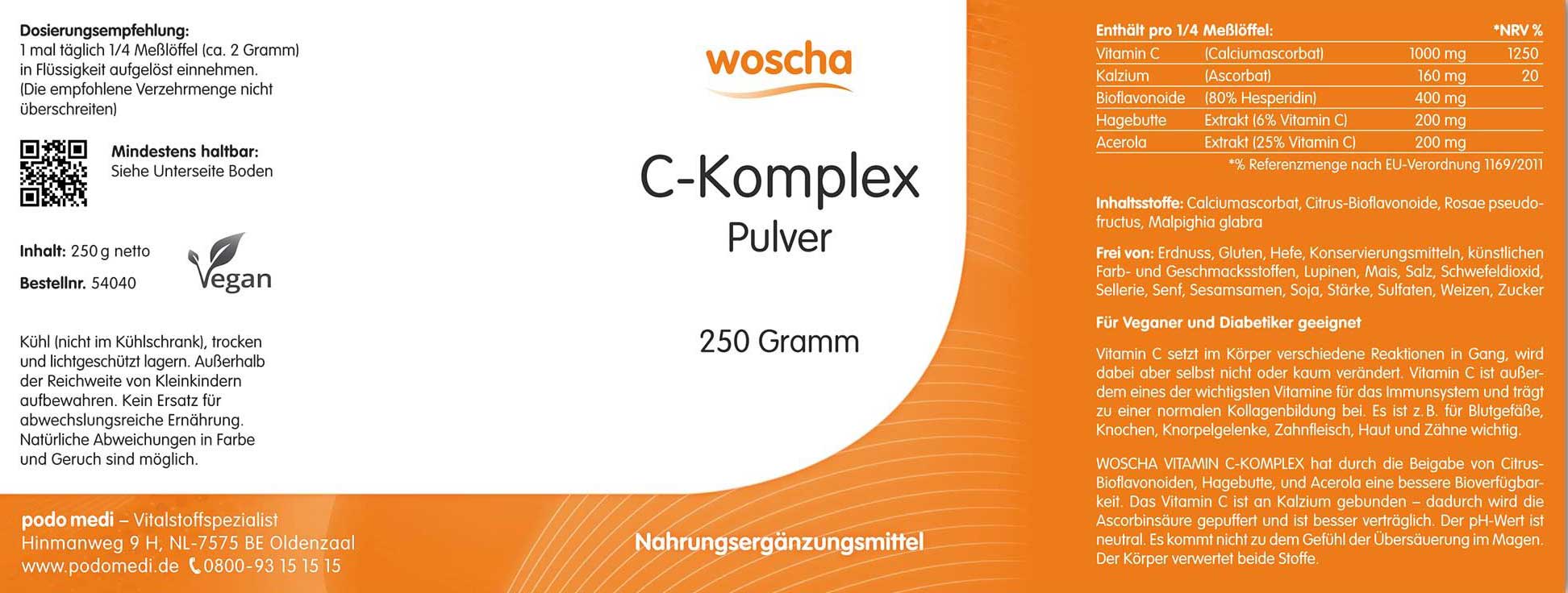 Woscha C-Komplex Pulver podo medi 250 g Etikett Woscha C-Komplex Pulver von podo medi beinhaltet 250 Gramm Etikett