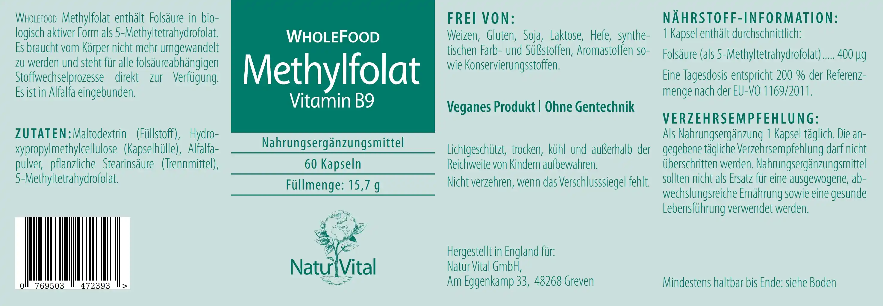 Methylfolat von Natur Vital beinhaltet 60 Kapseln Label