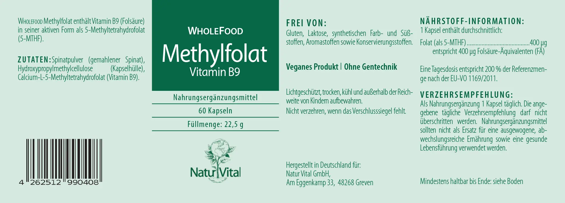 Natur Vital Methylfolat Folsäure WholeFood, 60 Kapseln folsäure EAN: 4262512990408