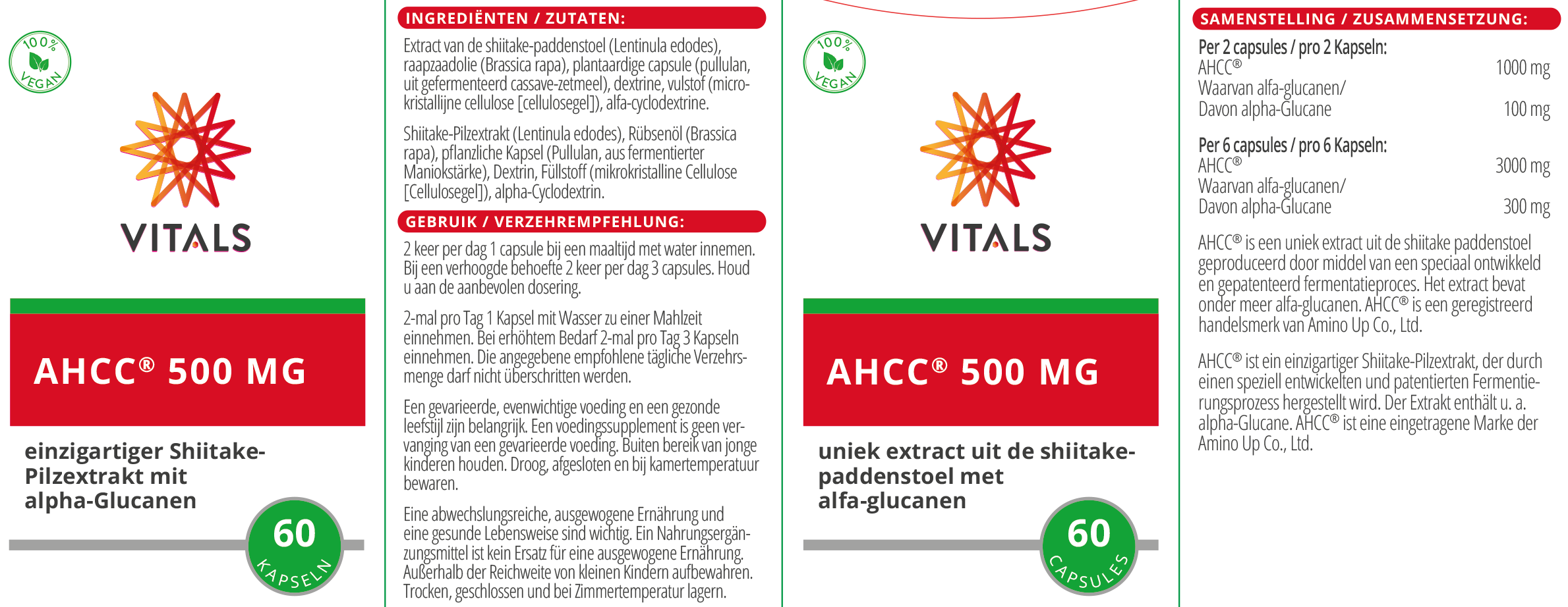 Vitals AHCC 500 mg Shiitake + Alpha-Glucane, 60 Kapseln  EAN: 8716717004317