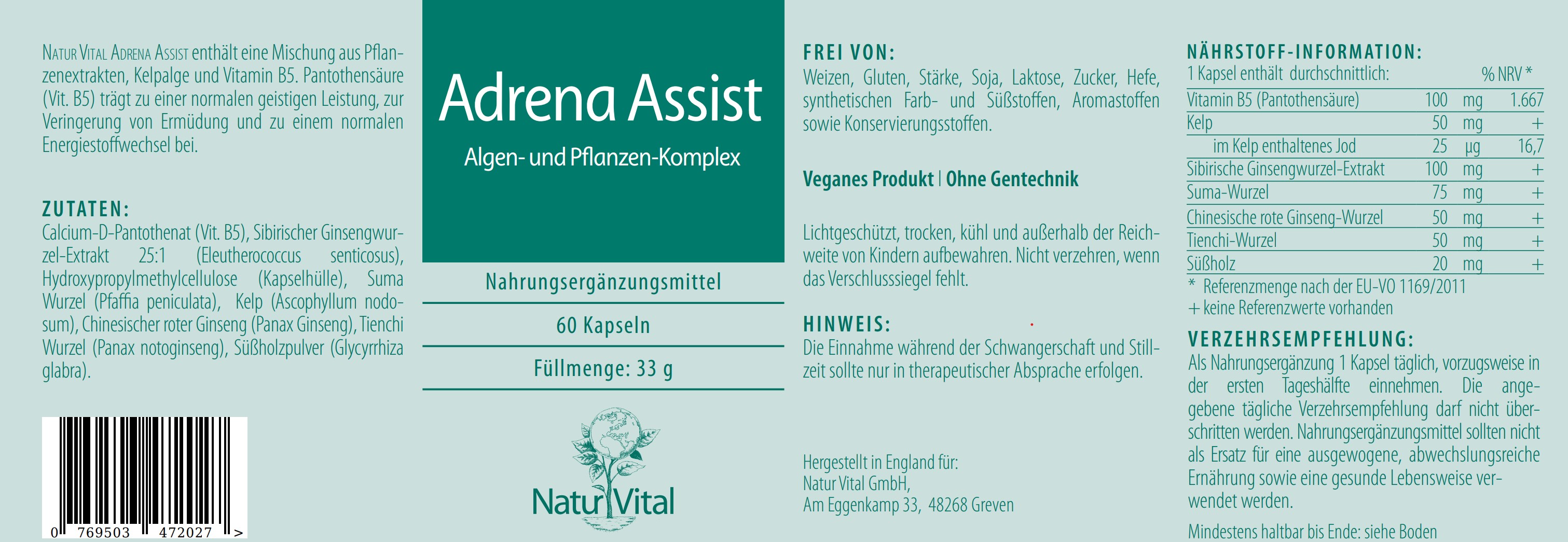 Etikett Adrena Assist von Natur Vital beinhaltet 60 Kapseln