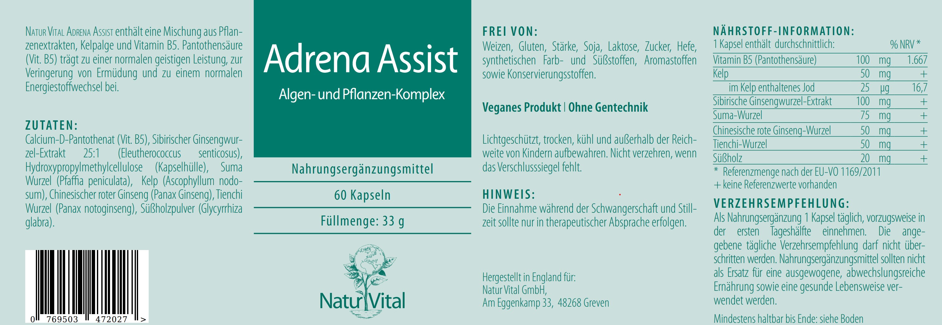 Etikett Adrena Assist Natur Vital 60 Kapseln Etikett Adrena Assist von Natur Vital beinhaltet 60 Kapseln