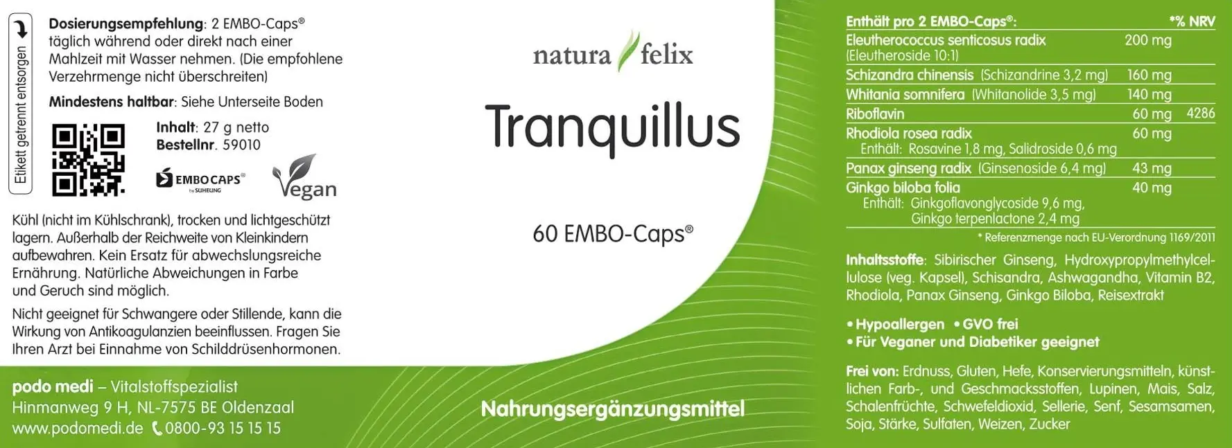 Etikett Natura Felix Tranquillus 60 Kapseln