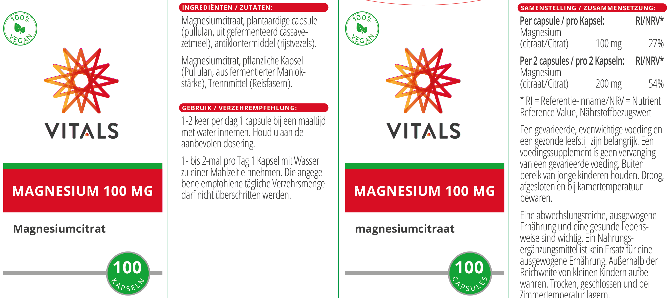 Vitals Magnesium 100 mg, 100 capsules  EAN: 8716717003211