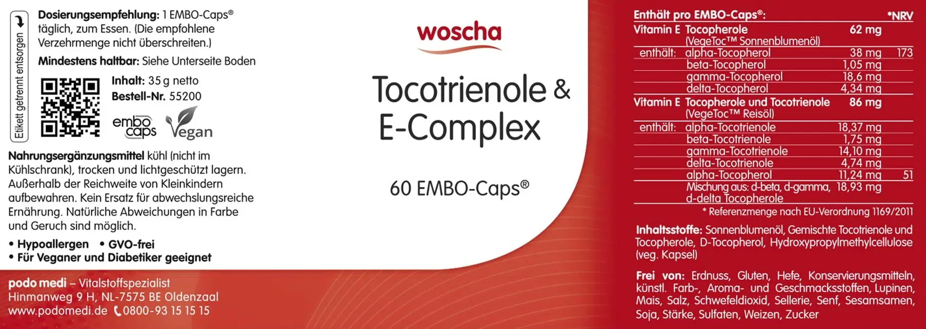 Woscha Tocotrienole und E-Complex von podo medi beinhaltet 60 Kapseln Etikett