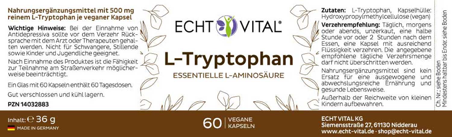 Etikett L-Tryptophan Echt Vital 60 vegane Kapseln Etikett L-Tryptophan von Echt Vital in 500 Milligramm Version beinhaltet 60 vegane Kapseln