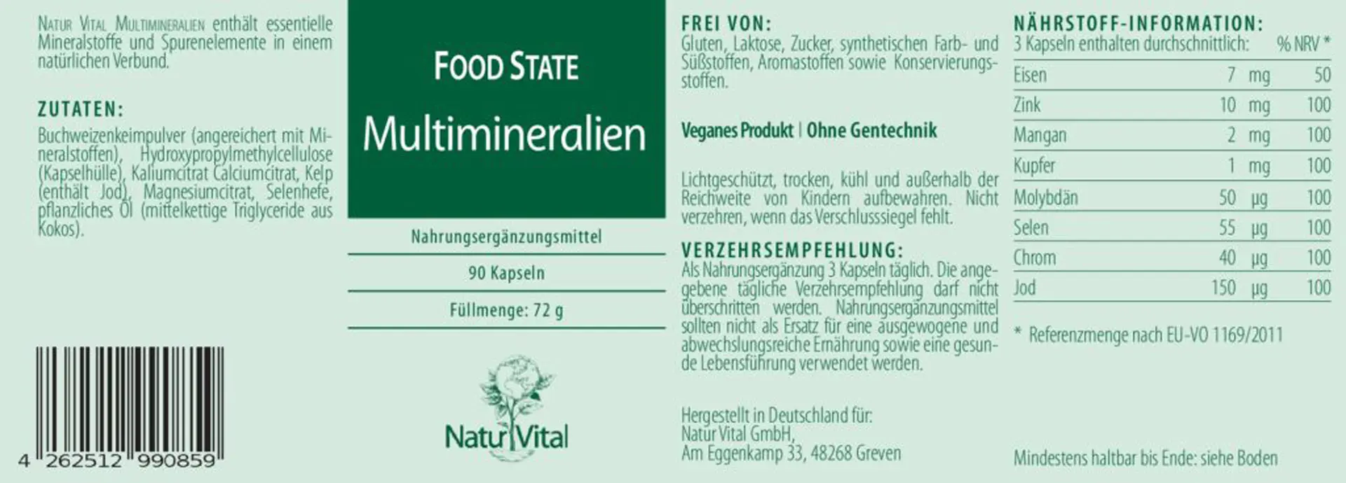 Natur Vital Multimineralien FOOD STATE, 90 Kapseln Multimineralien EAN: 4262512990859