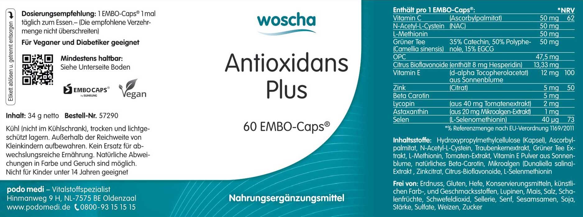 Woscha Antioxidans plus von podo medi beinhaltet 60 Kapseln Etikett