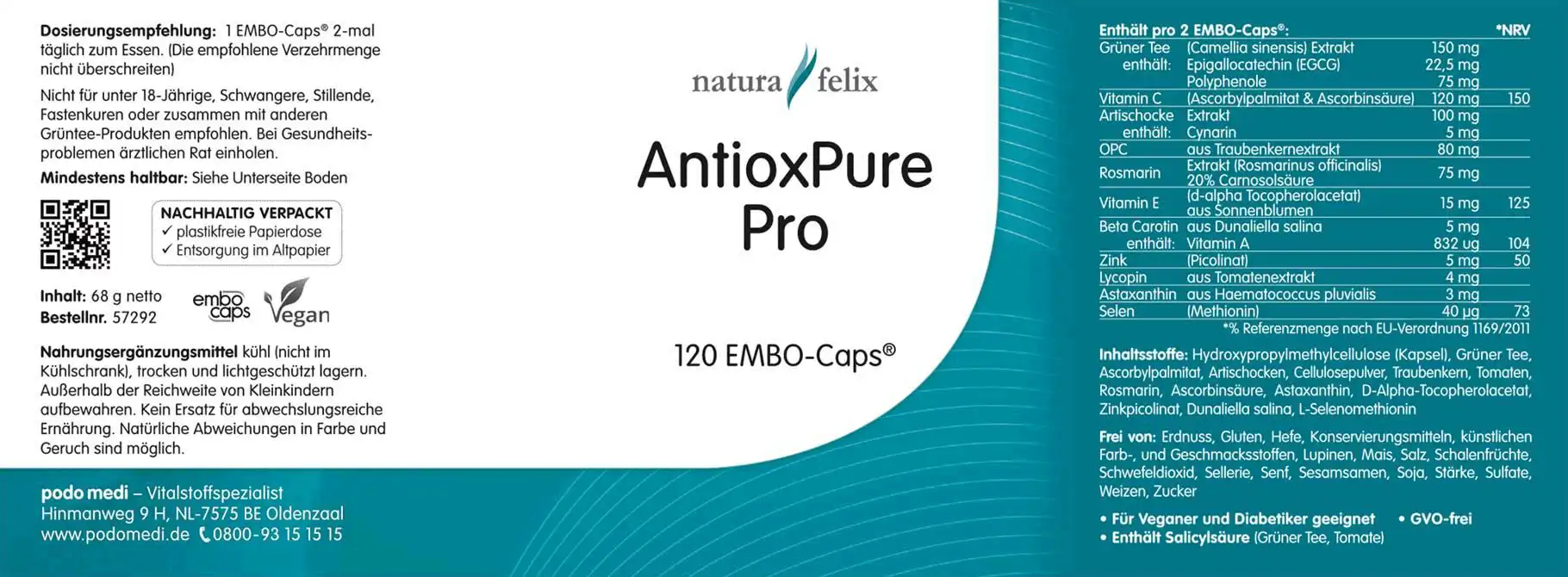 Natura Felix AntioxPure Pro, 120 Kapseln Antioxidantien Astaxanthin antioxidative Mischung freie Radikale EAN: 8717729190098