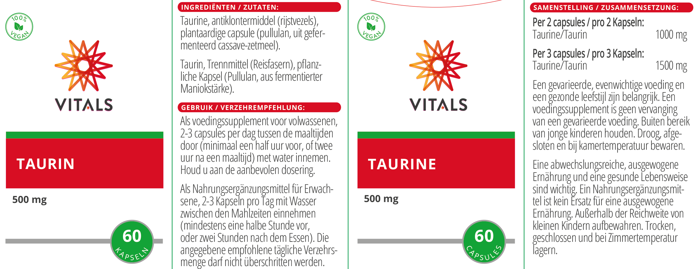 Vitals Taurin 500 mg, 60 Kapseln  EAN: 8716717002832