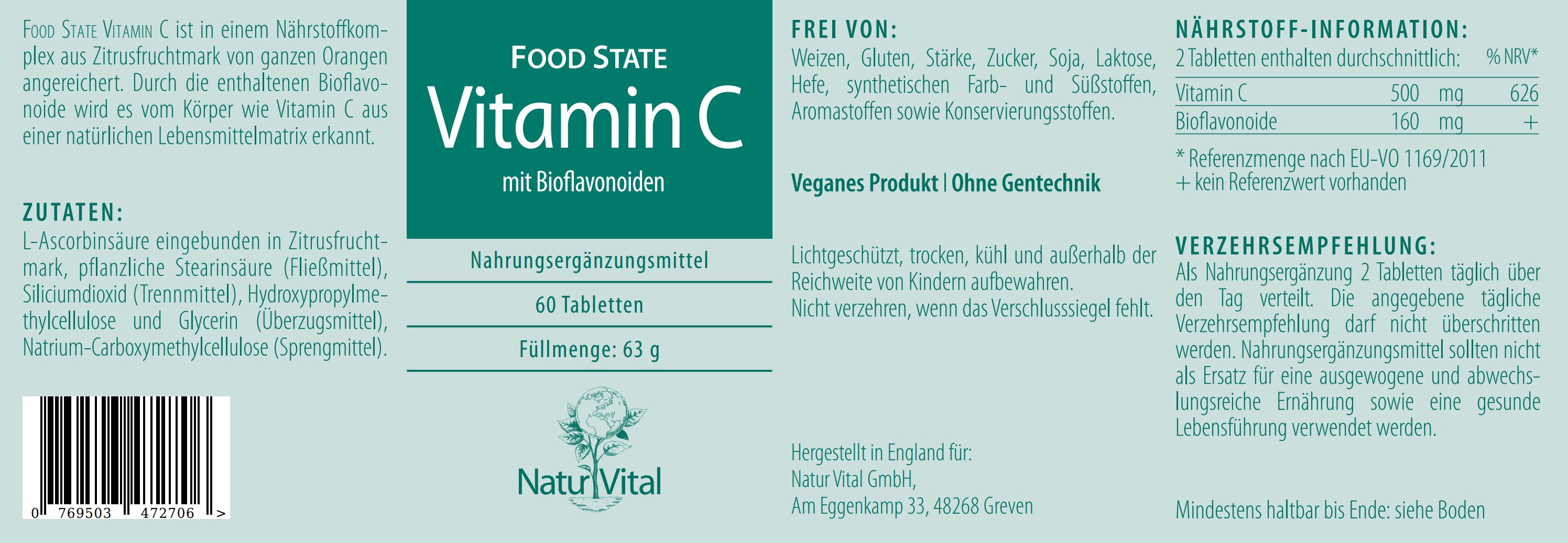 Natur Vital Vitamin C mit Bioflavonoiden, 60 Tabletten  EAN: 4262512990750