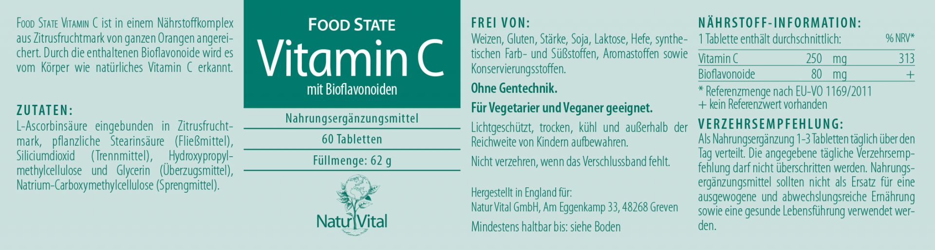 Vitamin C mit Bioflavonoiden von Natur Vital Etikett