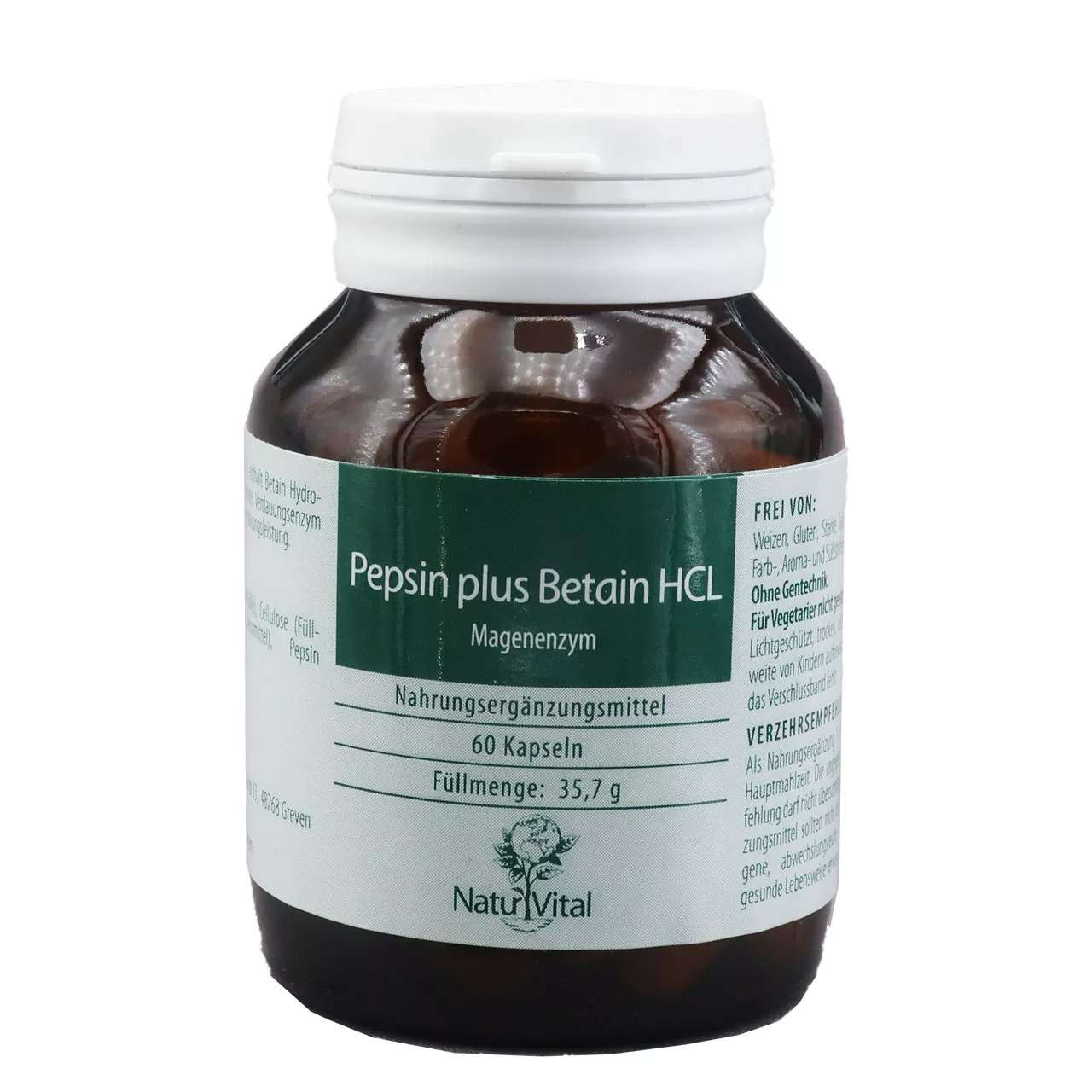 Pepsin plus Betain HCL von Natur Vital beinhaltet 60 Kapseln