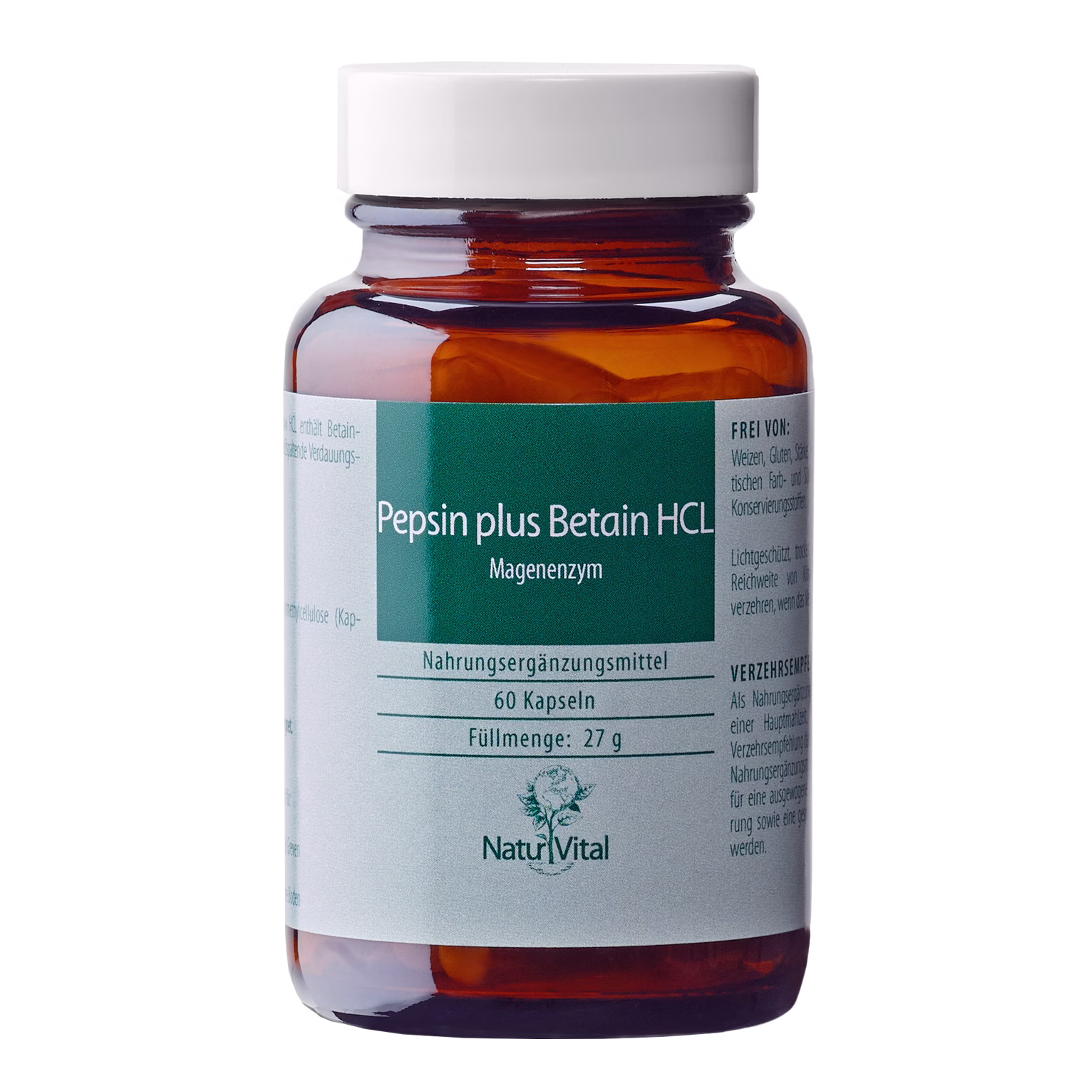 Pepsin plus Betain HCL Natur Vital 60 Kapseln Pepsin plus Betain HCL von Natur Vital beinhaltet 60 Kapseln