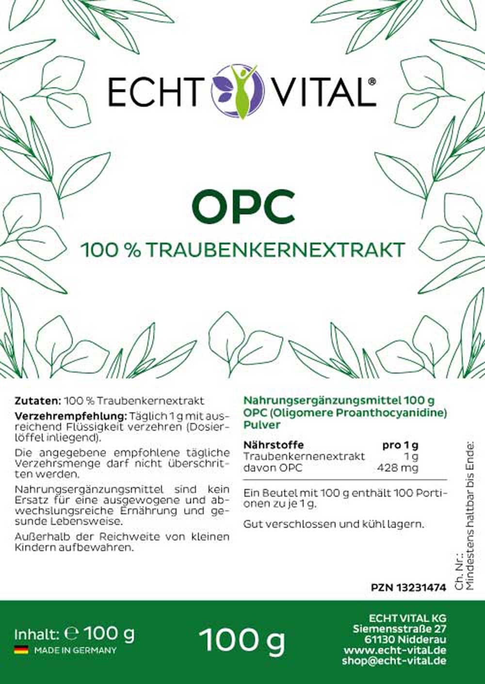 Etikett OPC Pulver aus Traubenkern von Echt Vital in 100 Gramm Packung
