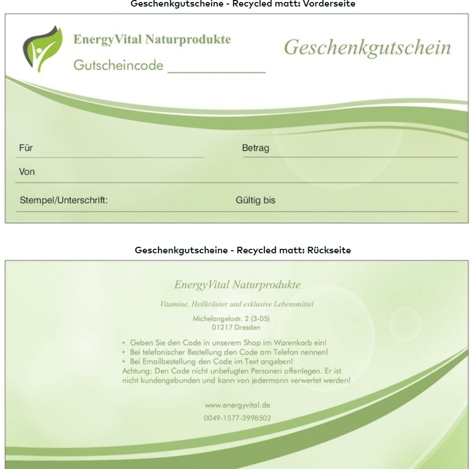 Gift certificate for Energyvital natural products