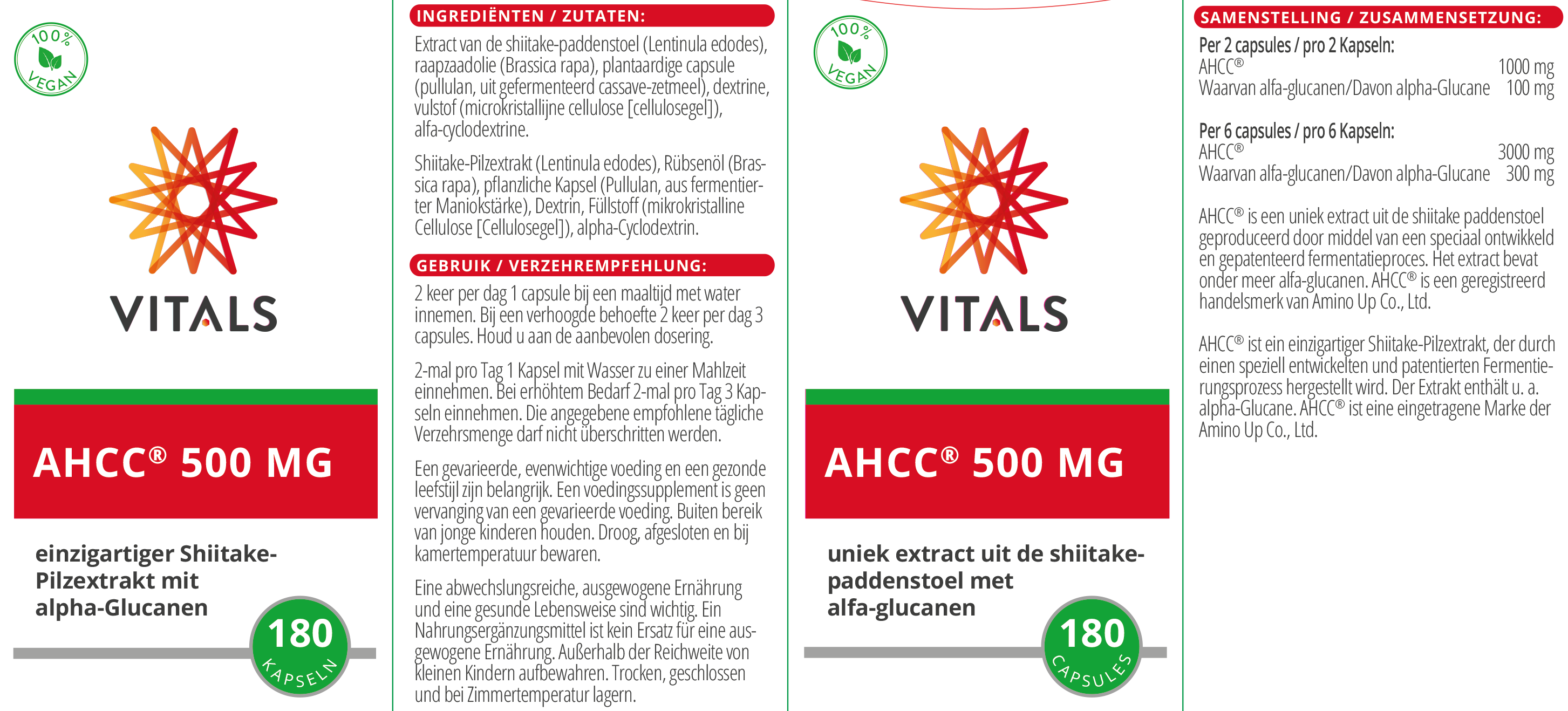 Vitals AHCC 500 mg Shiitake + Alpha-Glucane, 180 Kapseln Immunsystem EAN: 8716717004324