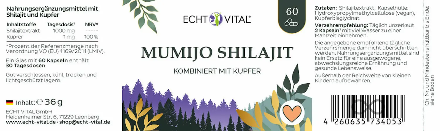 Echt Vital Mumijo Shilajit plus Kupfer, 60 Kapseln  EAN: 4260635734053