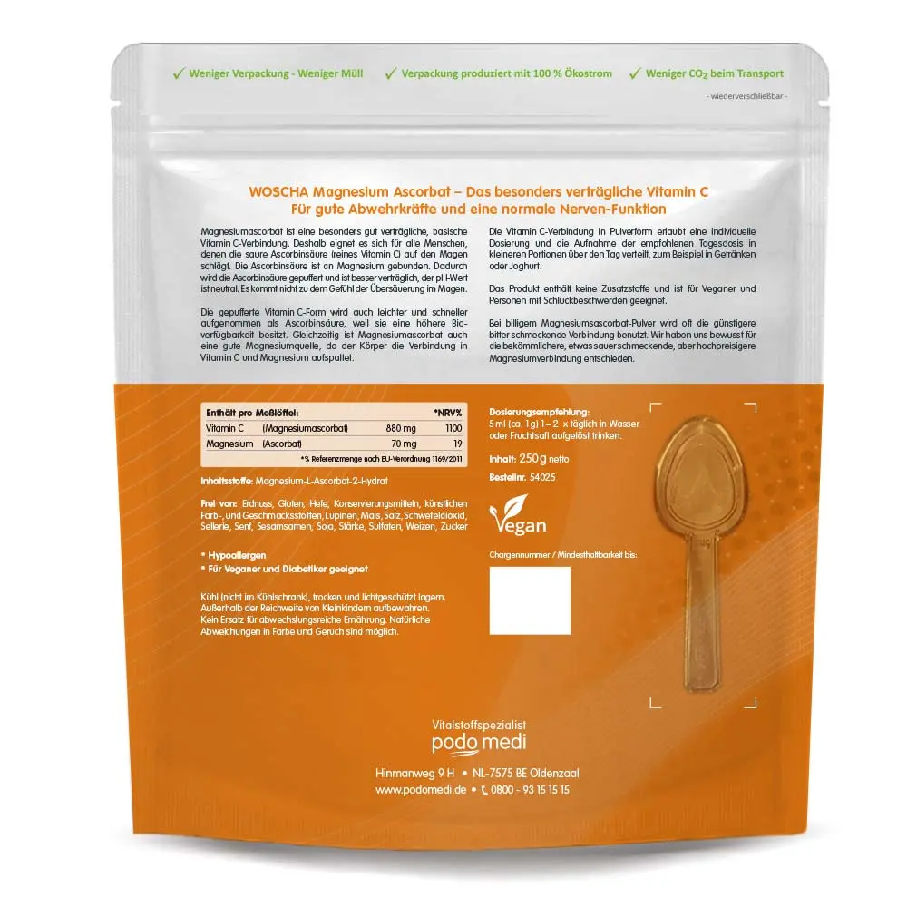 Woscha Magnesium Ascorbat von podo medi beinhaltet 250 Gramm Etikett