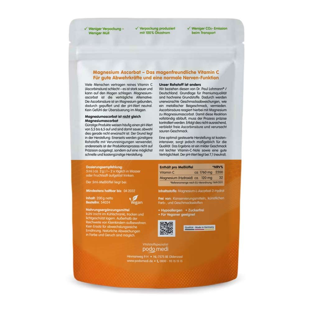 natura-felix Magnesium Ascorbat von podo medi beinhaltet 250 Gramm Etikett