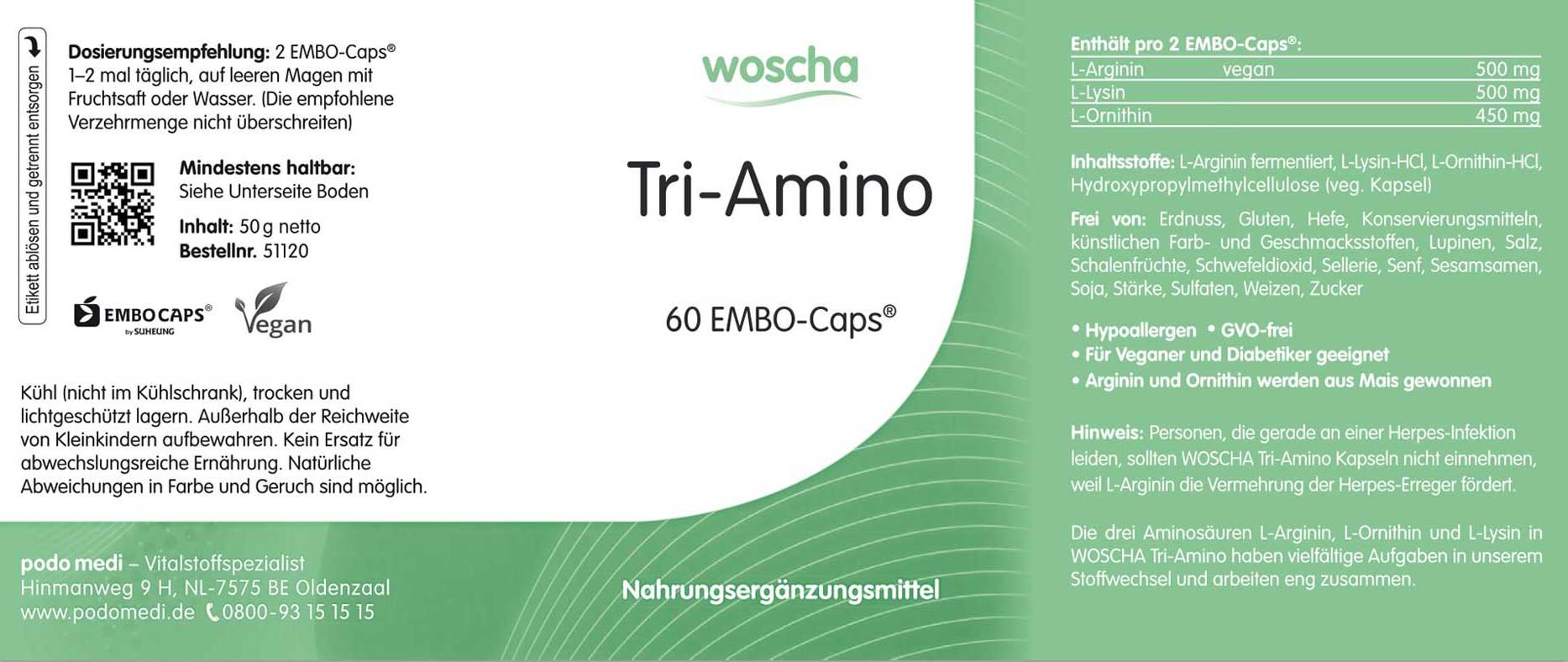 Woscha Tri-Amino von podo medi beinhaltet 60 Kapseln Etikett